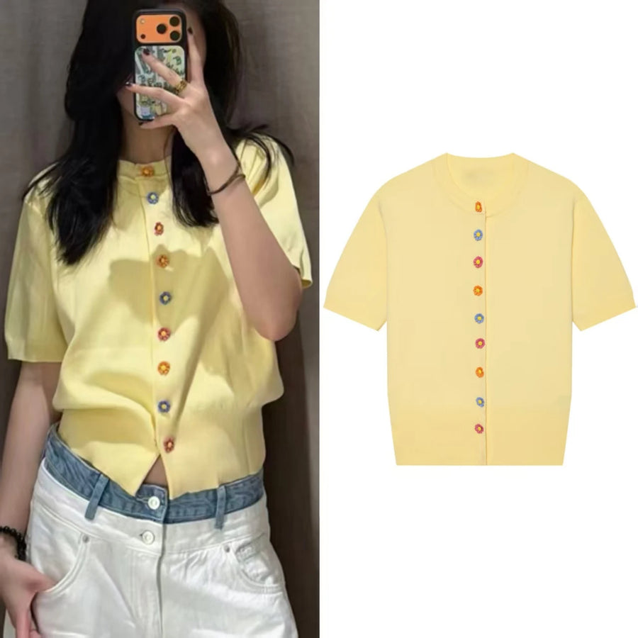 ALTAY Yellow Knit Button Jacket