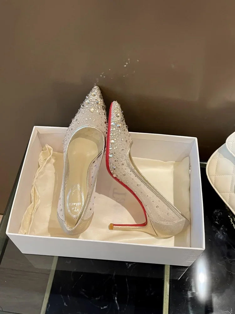 ALTAY White Rhinestone Mesh Heels