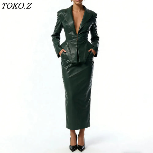 ALTAY Faux Leather Peplum Skirt Set