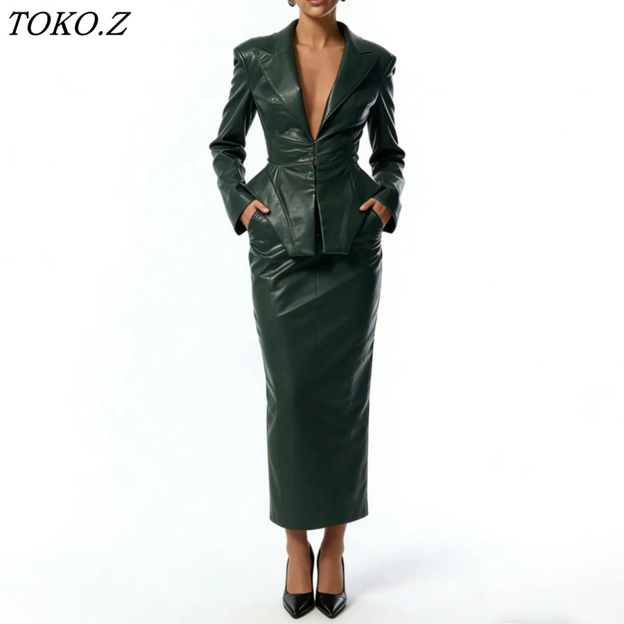 ALTAY Faux Leather Peplum Skirt Set