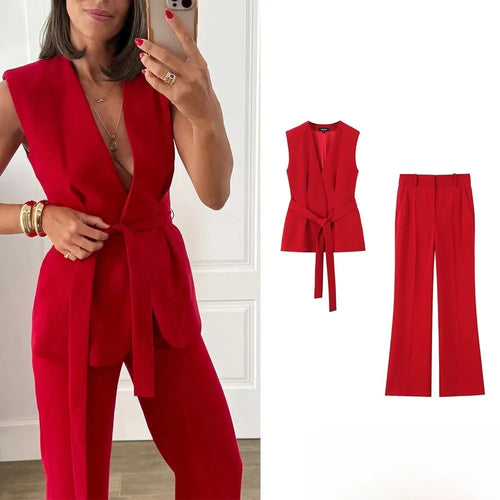 ALTAY Red Wide Leg High Waist Set