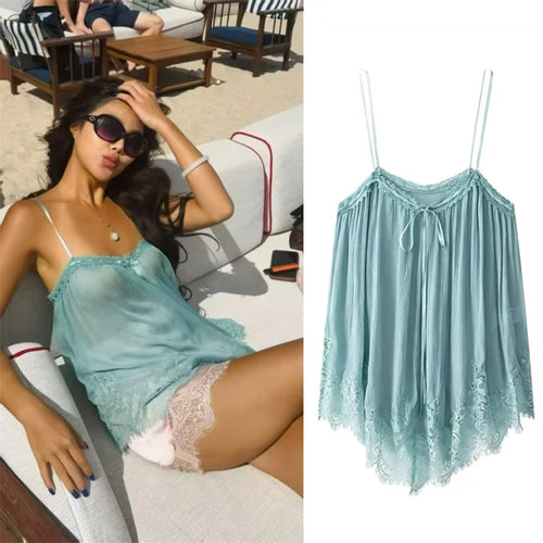 ALTAY Blue Strappy Lace Top
