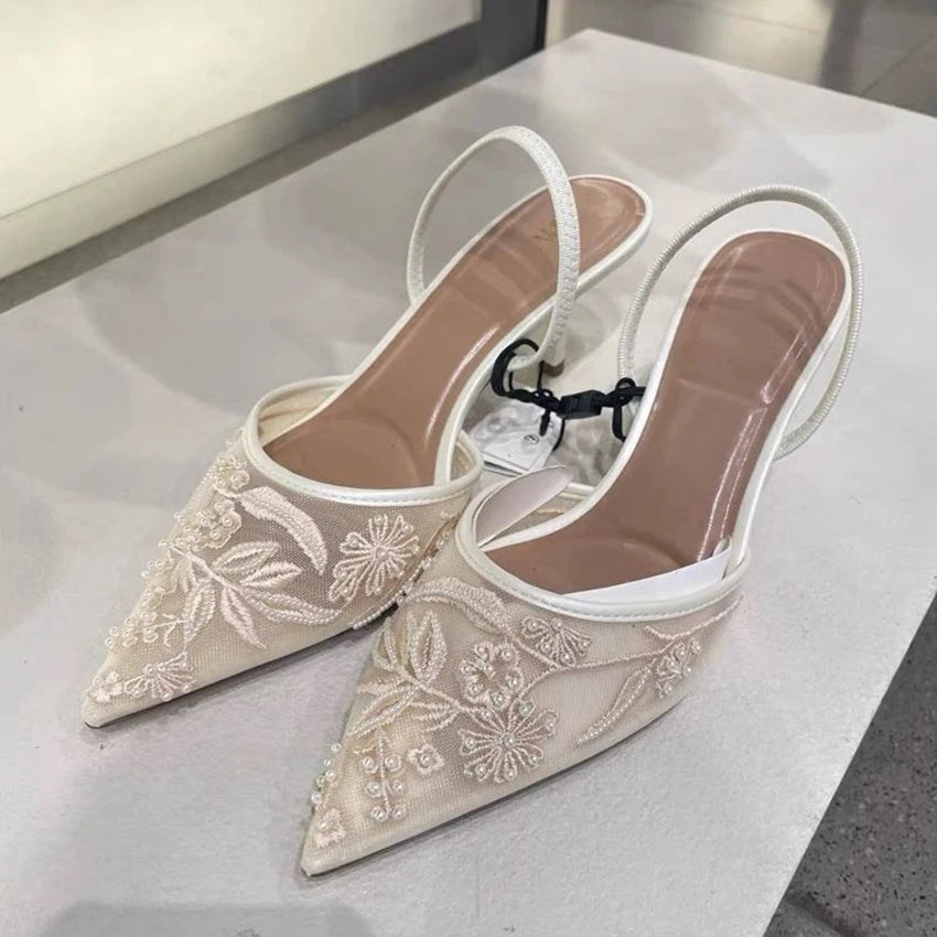ALTAY White Mesh Embroidered Heels