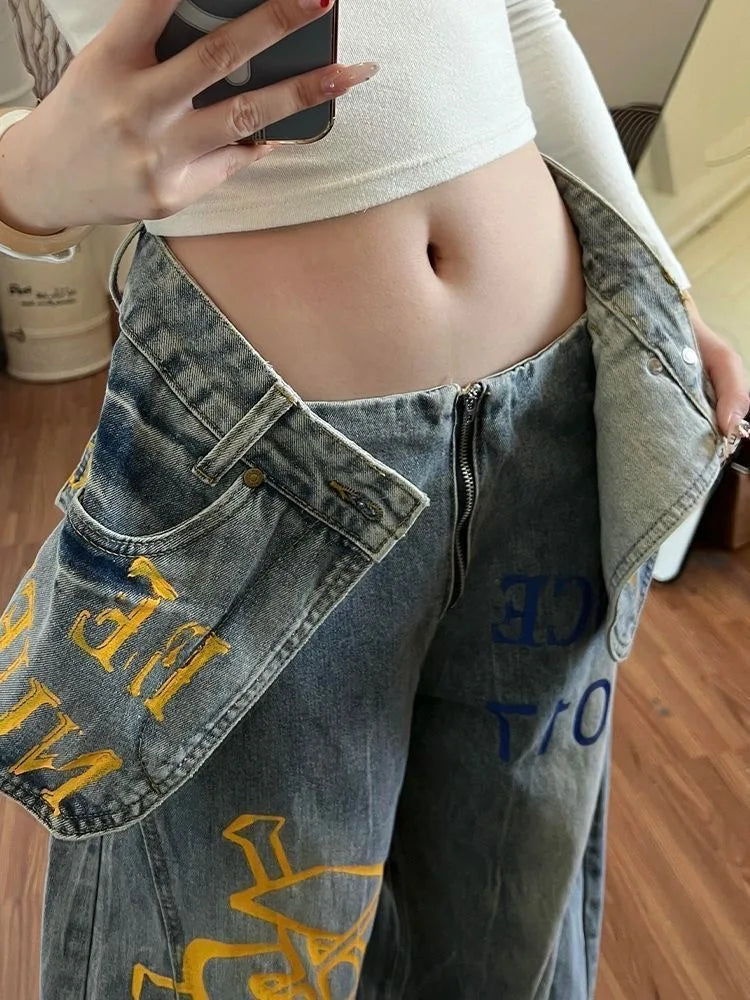 ALTAY Graffiti Print Baggy Wide-Fit Jeans