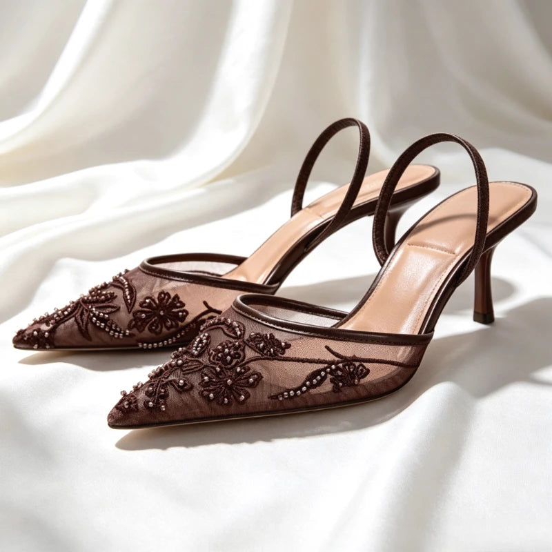 ALTAY Brown Pointed Toe Mesh Heels